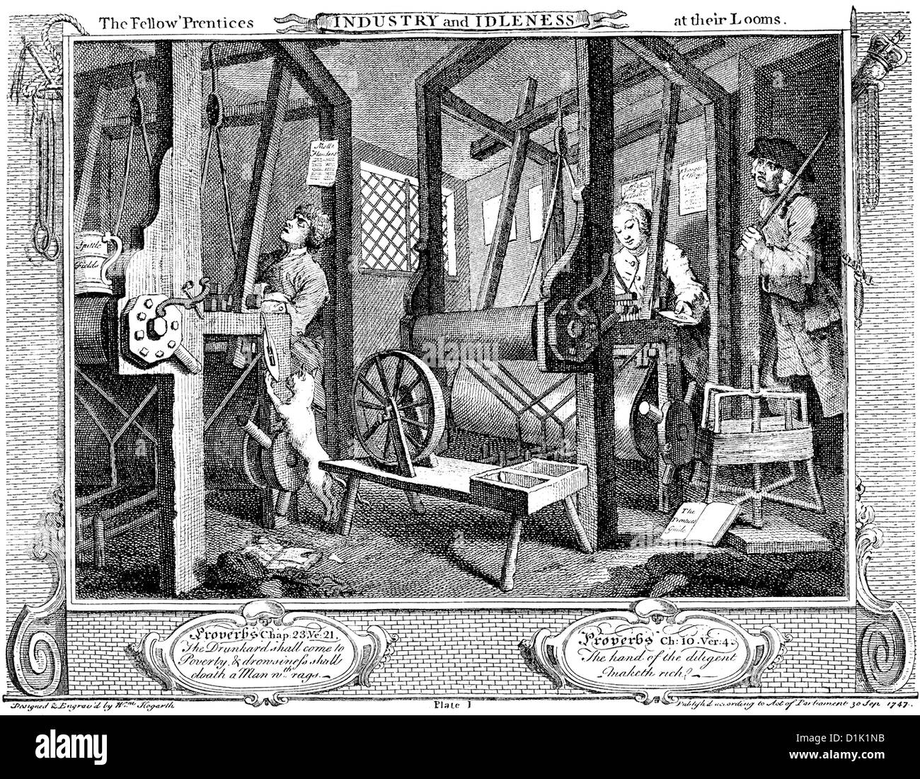 Atelier de tissage à la maison d'habitation dans le milieu du 18e siècle en Angleterre, le dessin historique par William Hogarth, 1697 - 17 Banque D'Images