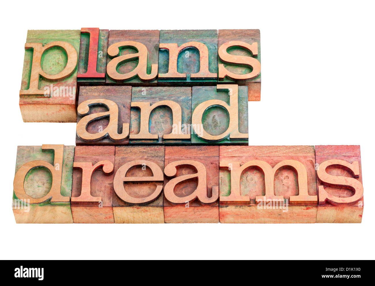 Les plans et rêves - des mots isolés dans la typographie vintage type de blocs d'impression Banque D'Images