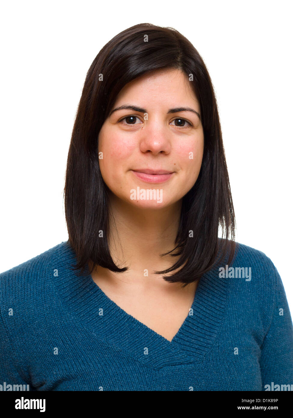 Portrait of young woman smiling with blue shirt Banque D'Images