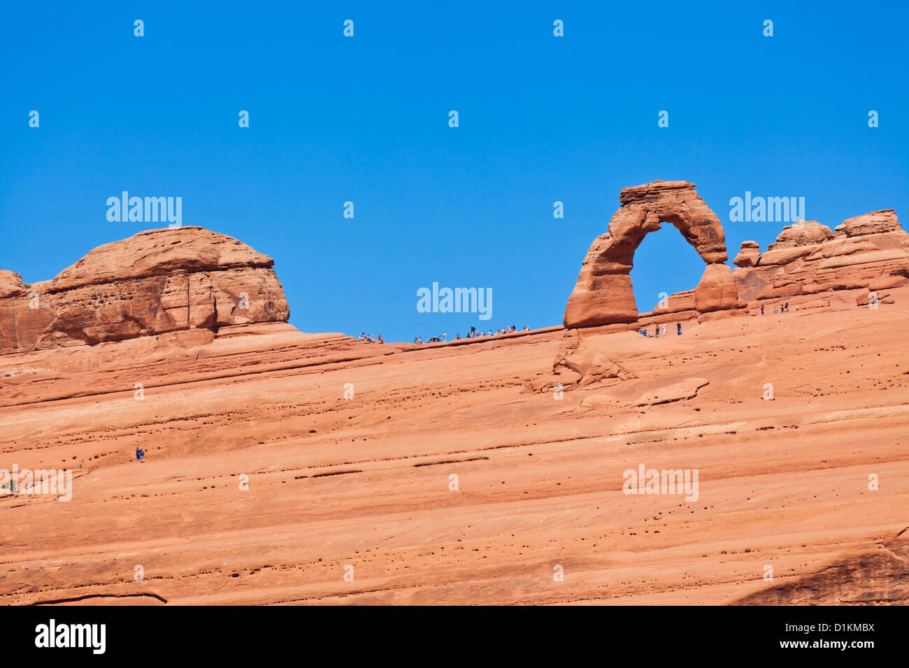 À la recherche jusqu'à Delicate Arch dans Arches National Park près de Moab Utah USA United States of America Banque D'Images