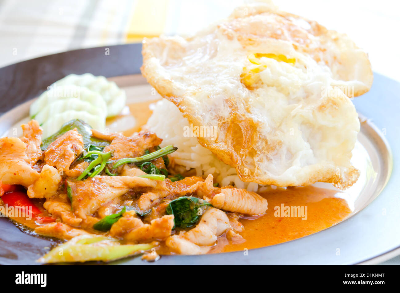 Œuf frit sur du riz et du porc frit avec piment et basilic , sauce au cari Banque D'Images