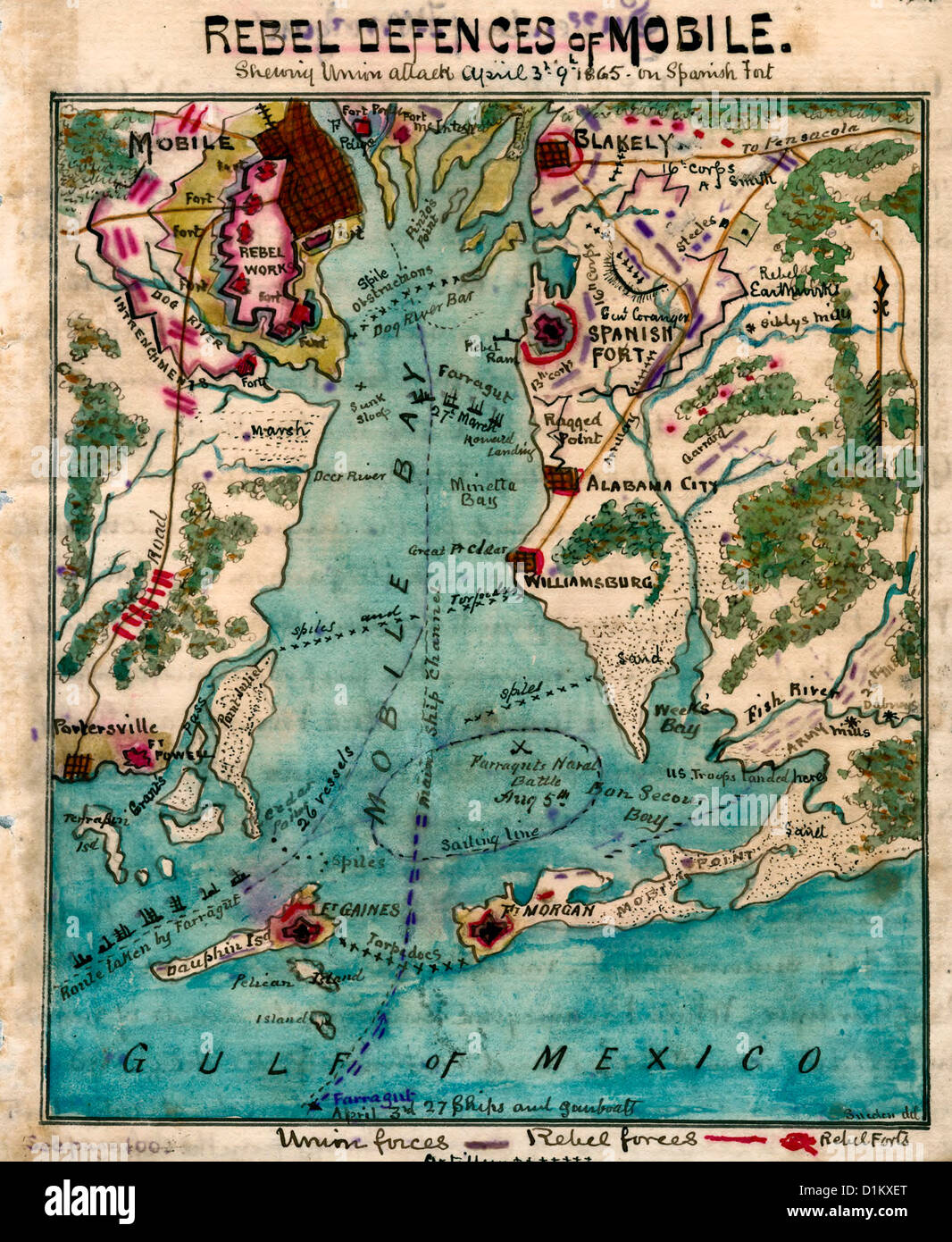 La carte Rebel défenses de la baie de Mobile, Alabama, montrant l'attaque de l'Union européenne 3ème et le 9ème Avril 1865 le Fort Espagnol. Guerre civile USA Banque D'Images