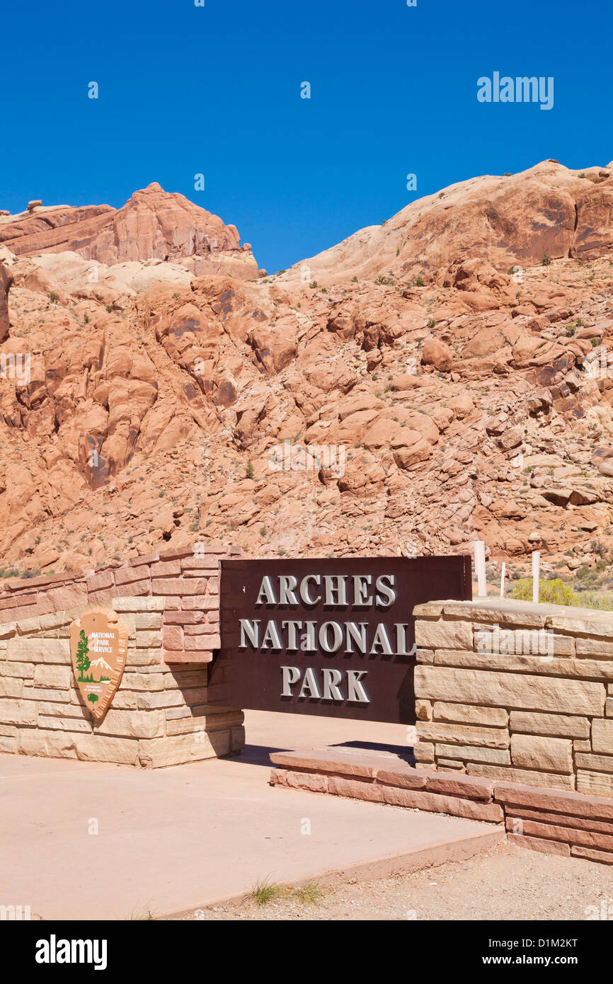 Arches National Park Utah panneau d'entrée au Arches National Park près de Moab Utah USA États-Unis d'Amérique Banque D'Images