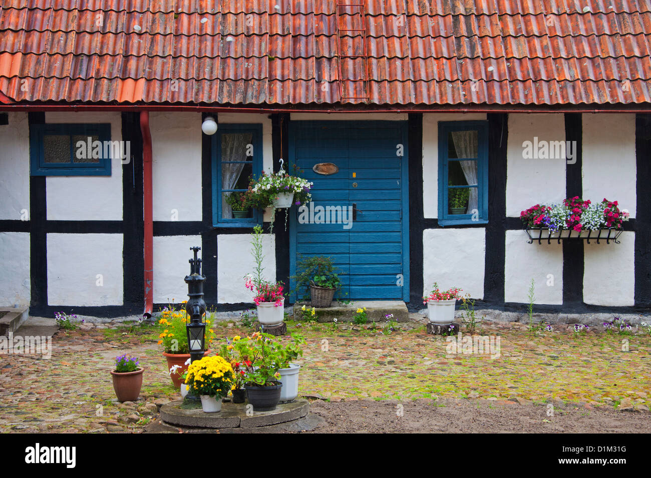 Ferme traditionnelle et la pompe à eau, Skåne, Suède, Scandinavie Banque D'Images