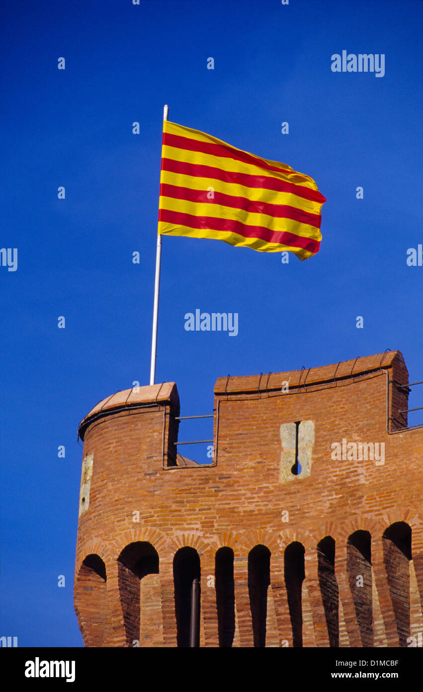 Le Castillet or Medieval Red-Brick Tower & Road Bridge, Perpignan, Pyrenees Orientales