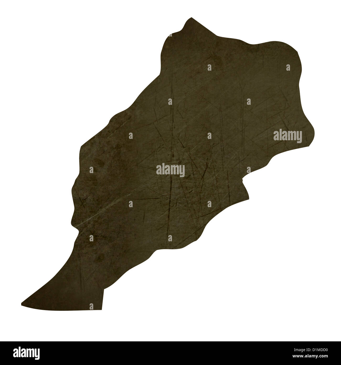 La silhouette sombre et texturé carte du Maroc isolé sur fond blanc. Banque D'Images