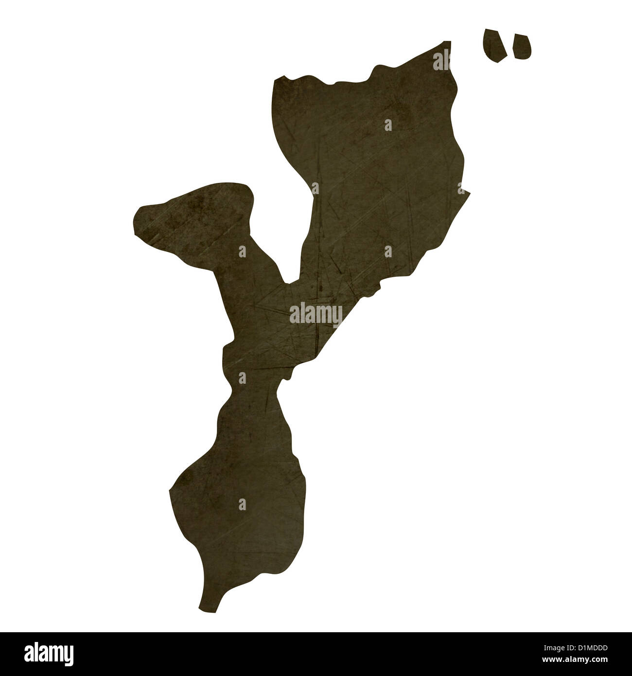 La silhouette sombre et texturé Carte de Mozambique isolé sur fond blanc. Banque D'Images