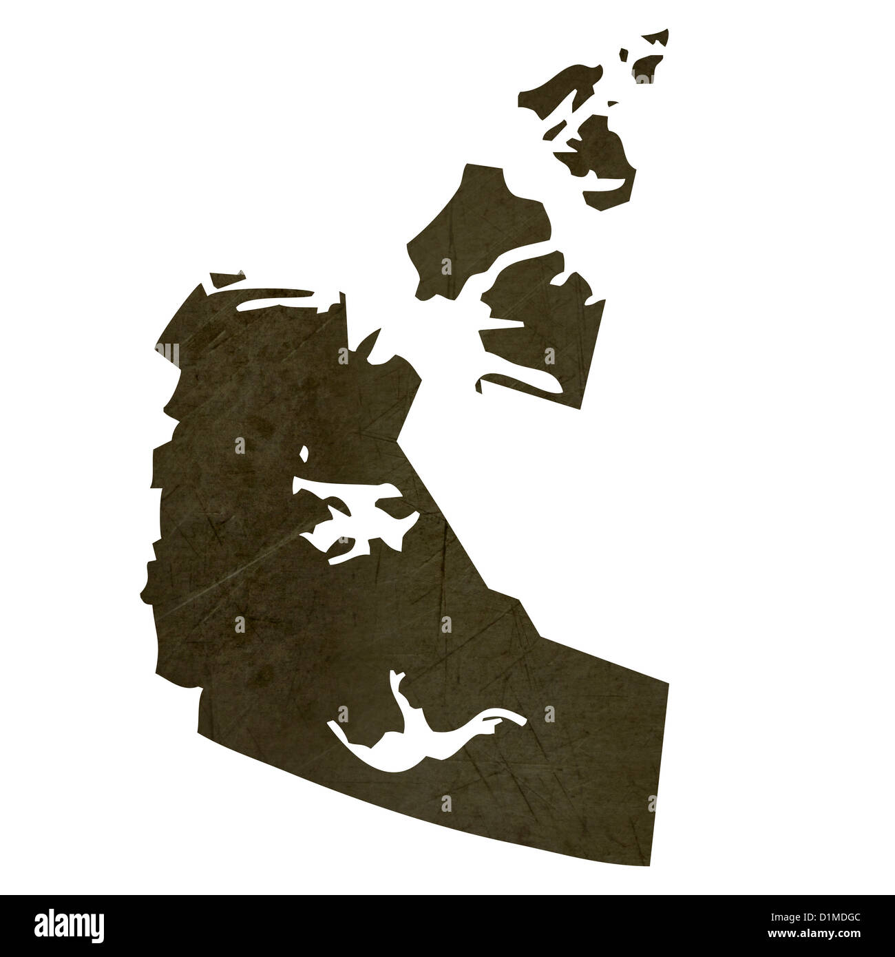 La silhouette sombre et texturé carte des Territoires du Nord-Ouest Gouvernement du Canada isolé sur fond blanc. Banque D'Images