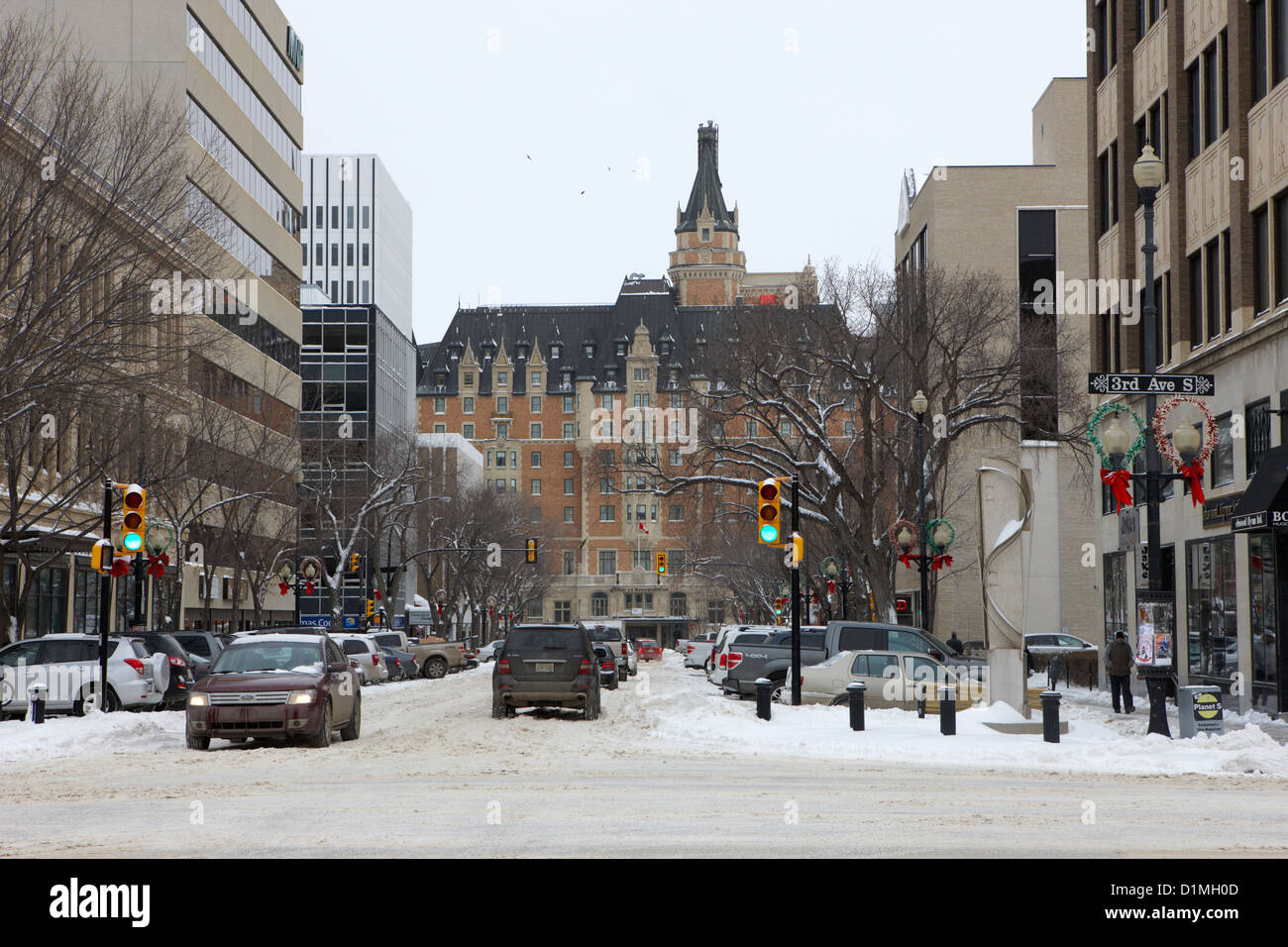 La neige a couvert le centre-ville de Saskatoon Saskatchewan Canada Banque D'Images