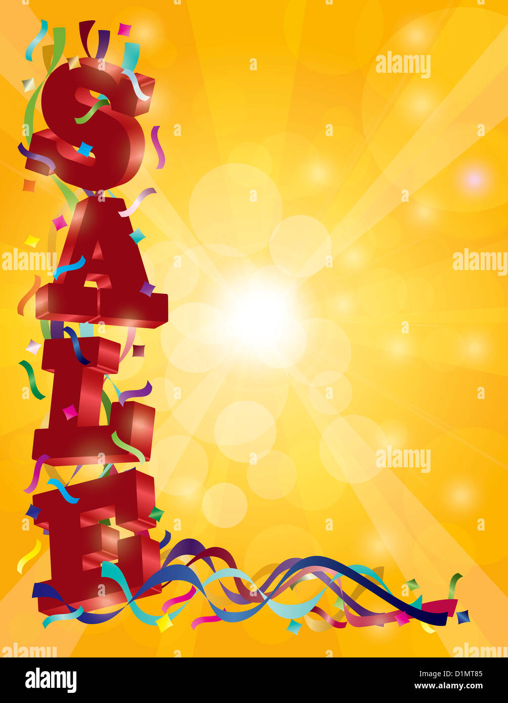 Texte de vente avec des rubans colorés et confettis Border la signalisation sur les rayons du soleil Illustration d'arrière-plan Banque D'Images
