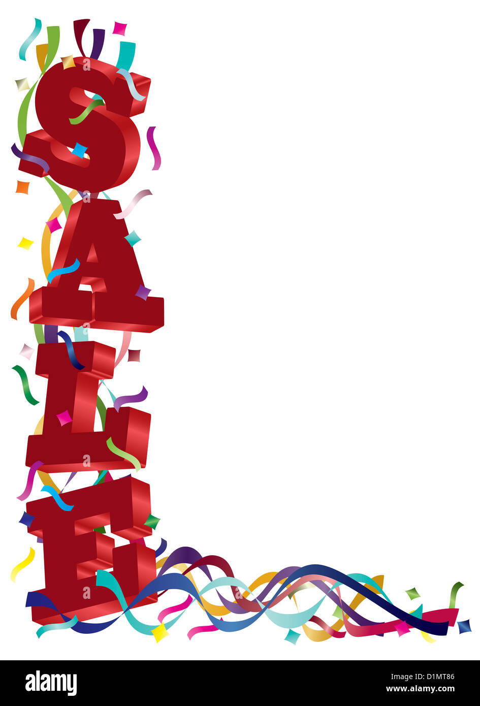 Texte de vente avec des rubans colorés et confettis Border l'arrière-plan Illustration Banque D'Images