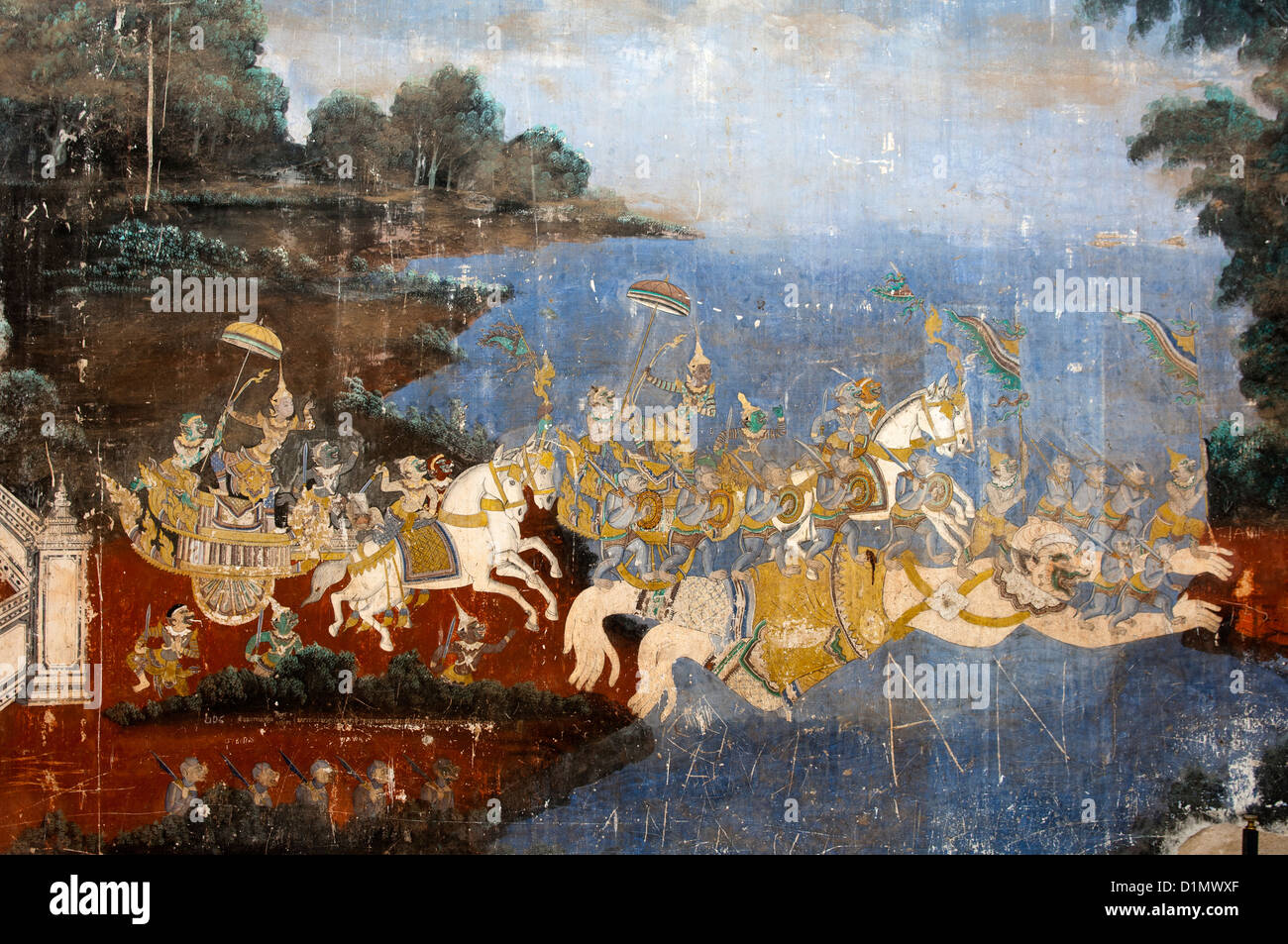 Peintures murales des scènes de l'Khmer (Reamker) version de l'épopée indienne Ramayana classique, du Palais Royal, Phnom Penh, Cambodge Banque D'Images