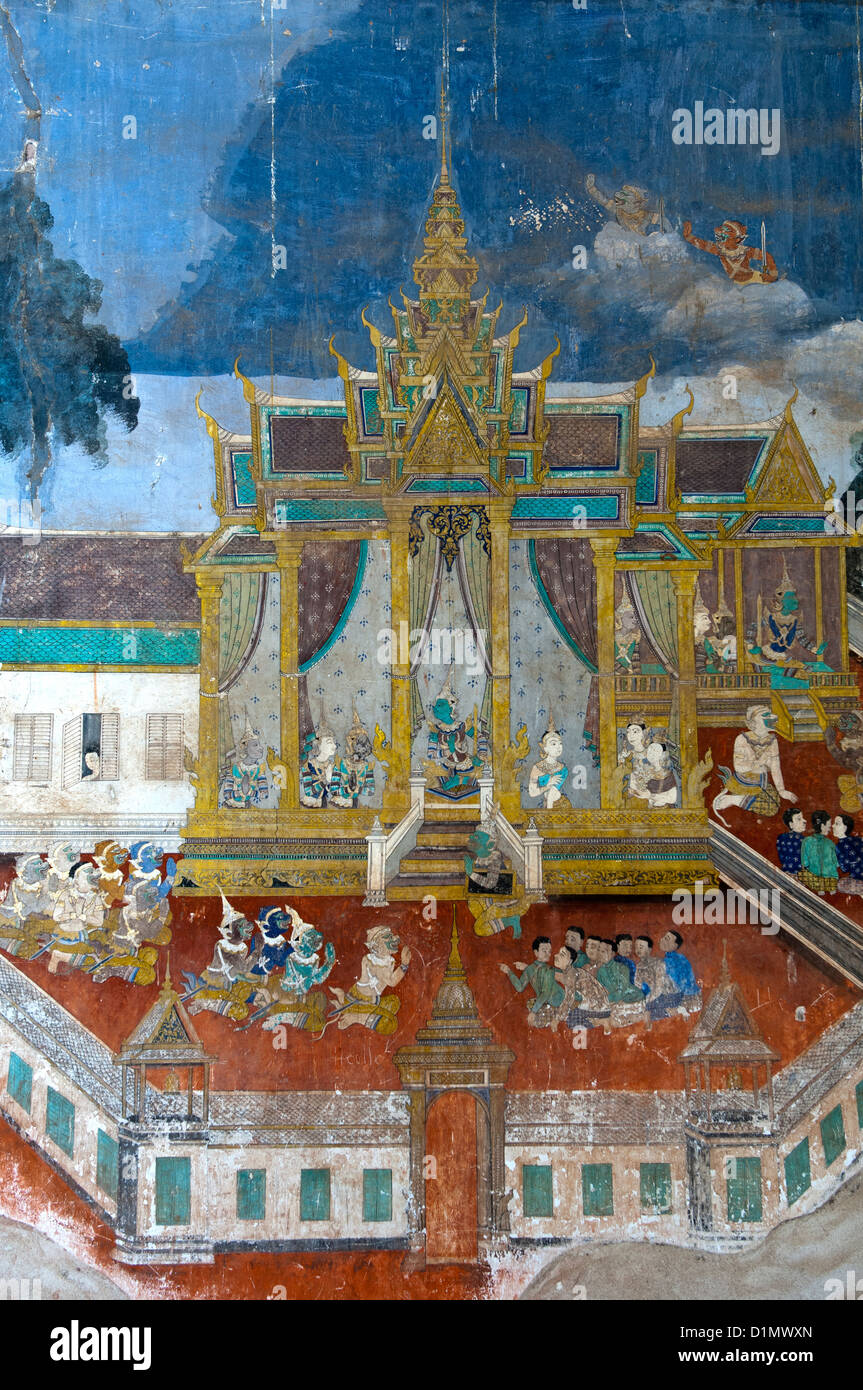Peintures murales des scènes de l'Khmer (Reamker) version de l'épopée indienne Ramayana classique, du Palais Royal, Phnom Penh, Cambodge Banque D'Images