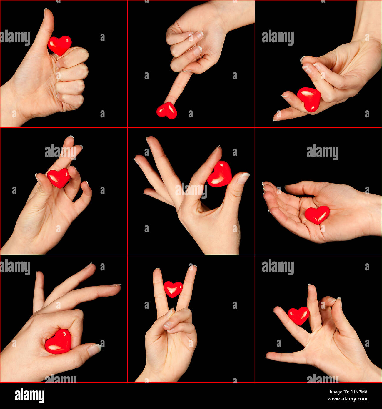 Valentine image de neuf mains tenant coeurs rouges dans différentes positions Banque D'Images