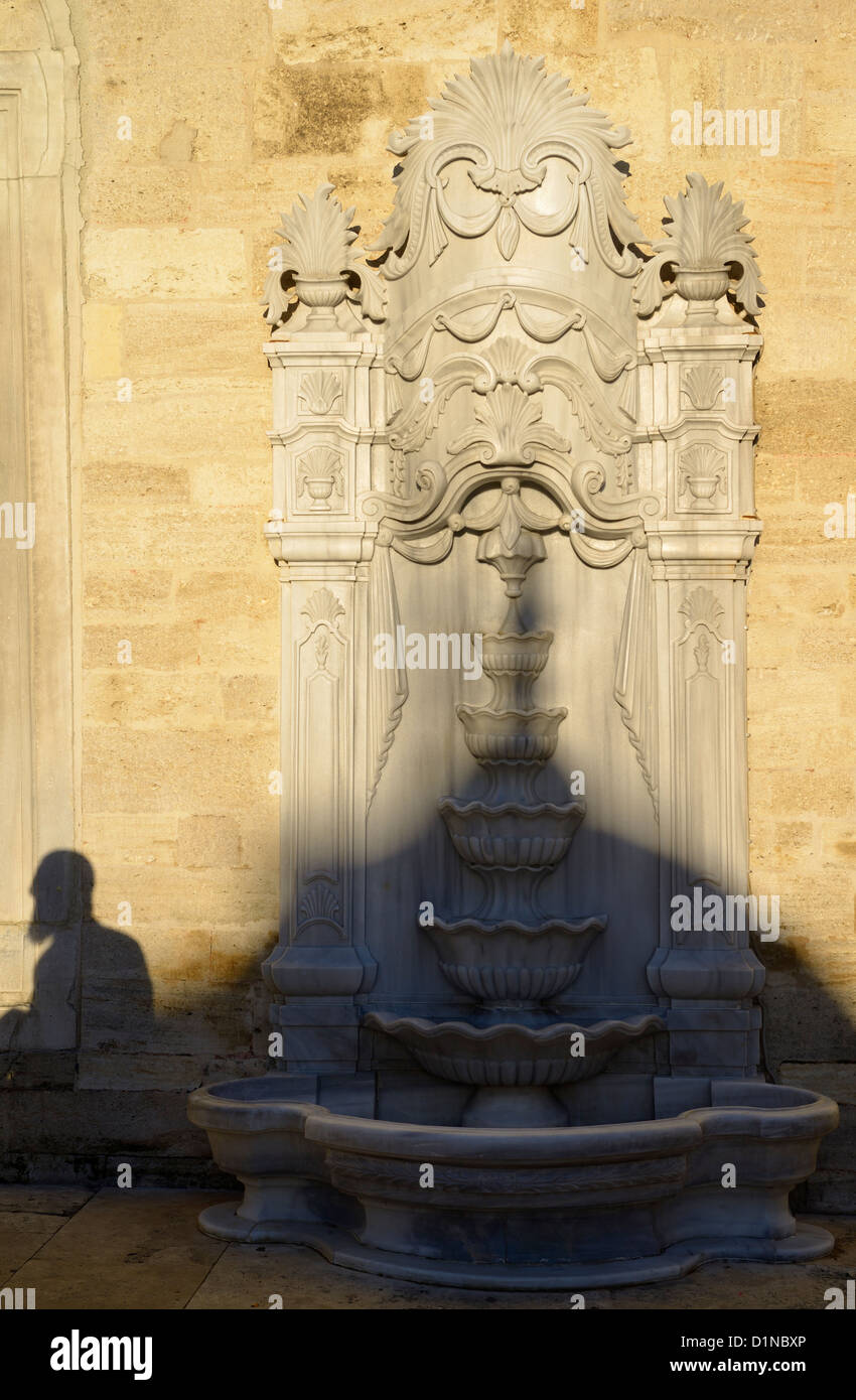 Ombre d'un homme barbu et dome sur fontaine en marbre sculpté à Eyup Sultan Mosque Istanbul Turquie Banque D'Images