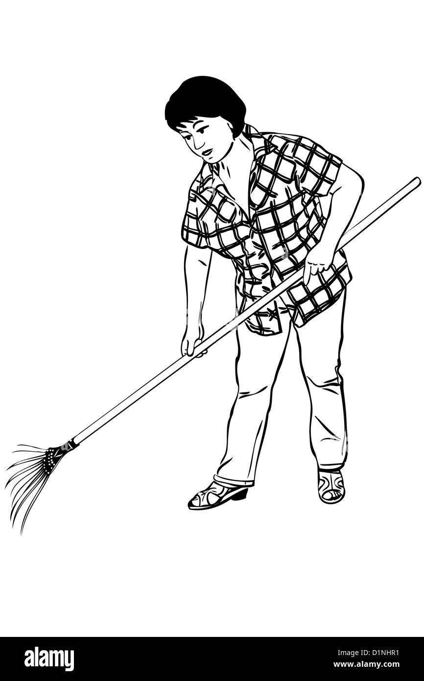 Un croquis de femme d'agriculteur avec râteaux dans les mains Banque D'Images