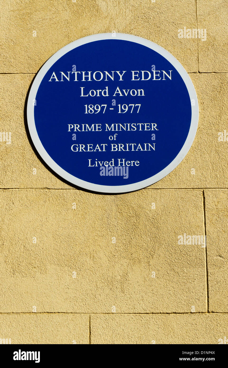 Blue plaque sur la maison habitée par Anthony Eden, Londres. Banque D'Images