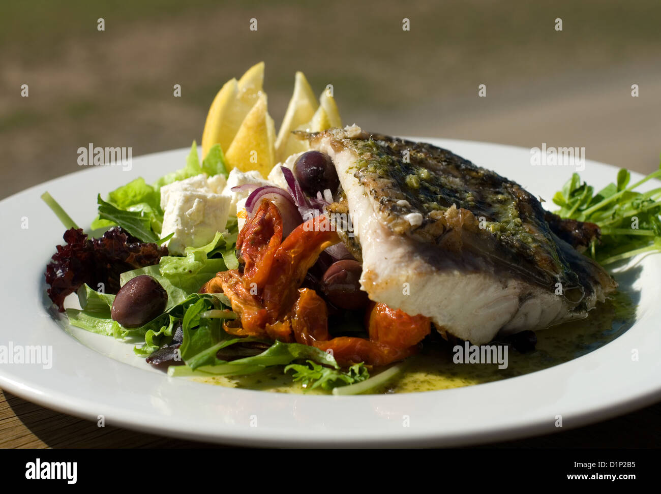 Loup de mer grillé, servi avec une salade à la grecque Photo Stock - Alamy