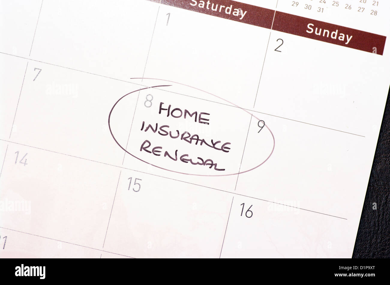 Rappel de renouvellement d'assurance habitation encerclée sur un calendrier Banque D'Images