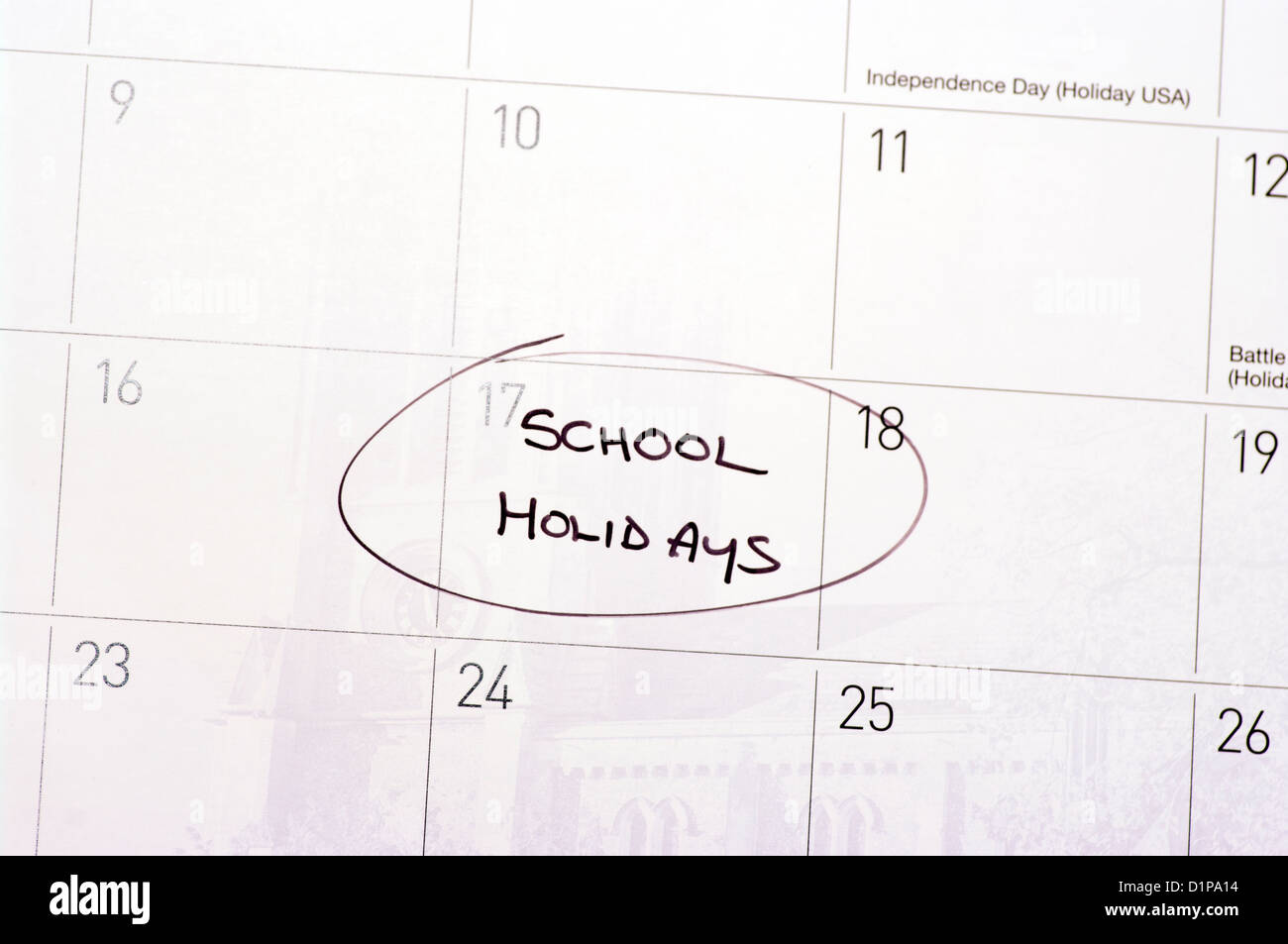 Vacances scolaires Rappel encerclée sur un calendrier Banque D'Images
