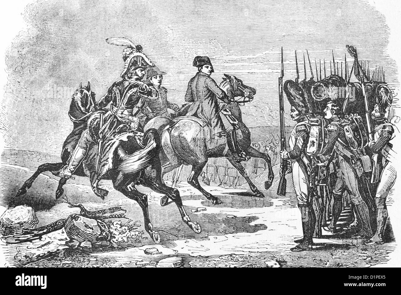 Napoléon passe en revue la garde avant la bataille d'Iéna. 1804. Illustration antique, 1856. Banque D'Images