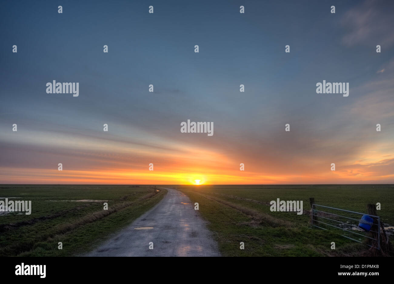 Route de campagne et un terrain plat menant vers un horizon au lever du soleil Banque D'Images