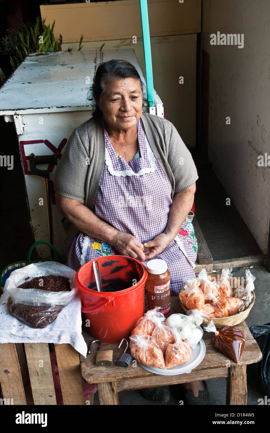 Femme indienne indigène d'âge moyen de vente du vendeur les sauterelles frites & frijoles autres aliments préparés à l'entrée du marché de la Merced Banque D'Images