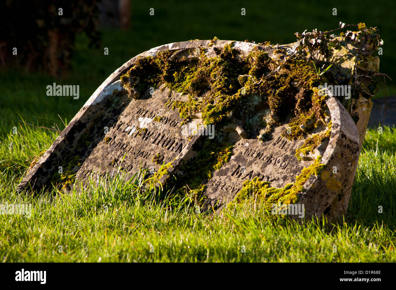 Pierres tombales anciennes couverts de mousse Banque D'Images