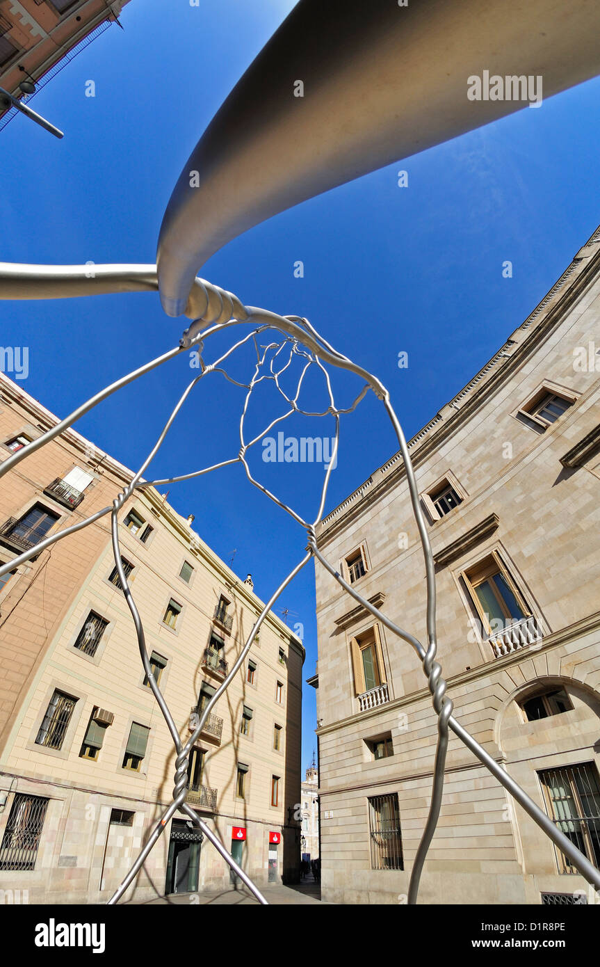 Barcelone, Catalogne, Espagne. Castellers als Monument (monument aux castellers ou tours humaines) en place de Sant Miquel Banque D'Images
