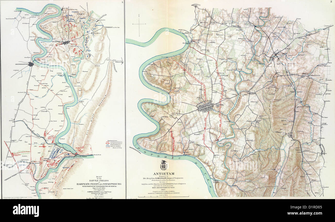 Carte de bataille d'Antietam plan militaire de la guerre civile américaine atlas histoire yankee nord sud rebelles confédérés union cer Banque D'Images