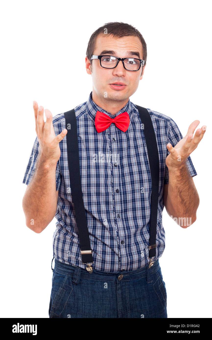 Portrait de nerd man gesturing et expliquer quelque chose, isolé sur fond blanc. Banque D'Images
