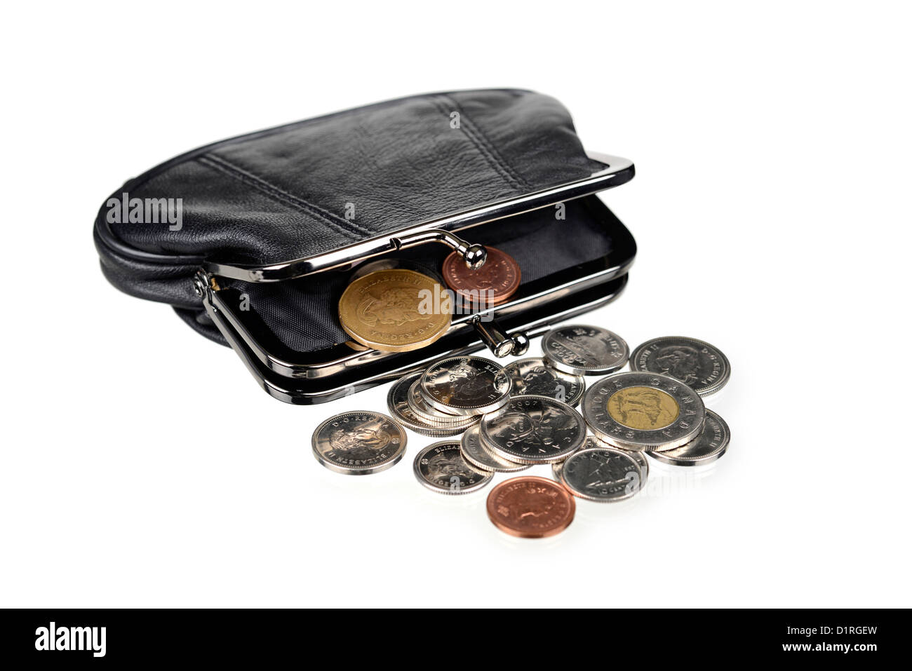 Sac à main avec des pièces de monnaie, l'argent canadien Banque D'Images