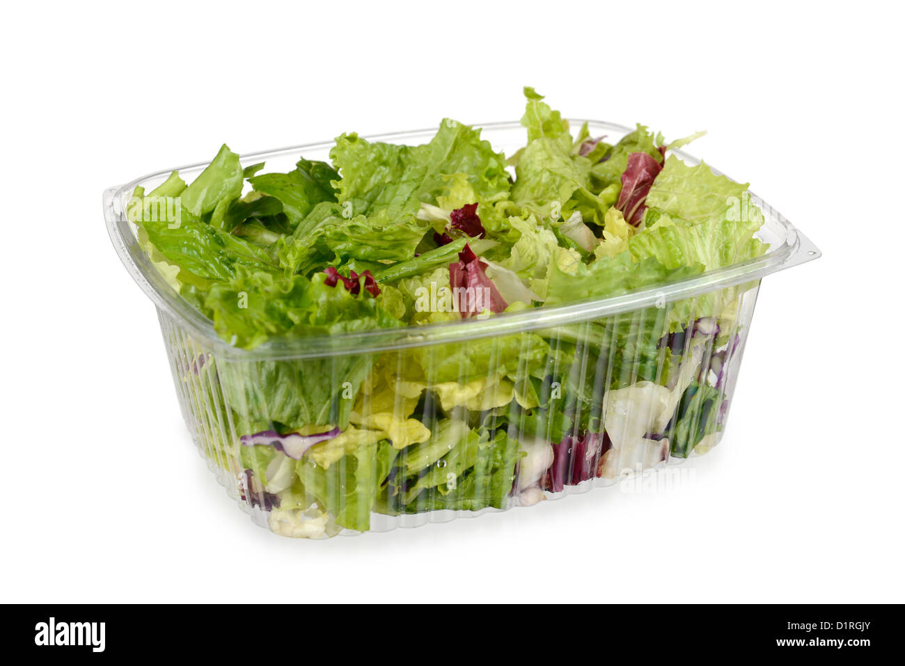 Des salades, récipient en plastique, feuilles de laitue, de chou rouge Banque D'Images