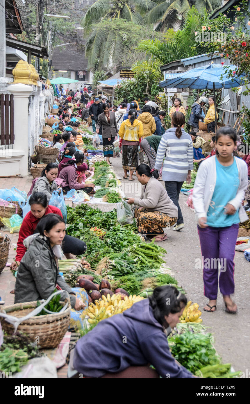 LUANG PRABANG, Laos — une gamme de produits frais colorés exposés au marché du matin à Luang Prabang, Laos. Les vendeurs locaux offrent une variété de fruits, légumes et herbes, mettant en valeur la richesse agricole de la région et jouant un rôle vital dans la vie quotidienne et la culture culinaire de la ville. Banque D'Images