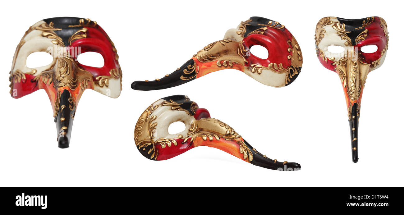 Collage avec un long nez masque de Venise dans diverses positions isolé sur un fond blanc. Banque D'Images