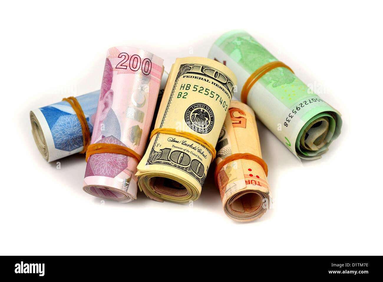 L'argent, des dollars, de l'argent turc isolé sur fond blanc Banque D'Images