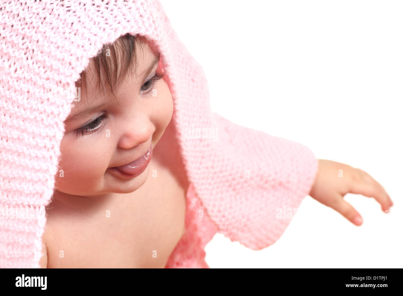 En Vertu D Un Contrat Cadre Rose Bebe Souriant Et Montrant La Langue Sur Un Fond Isole Blanc Photo Stock Alamy