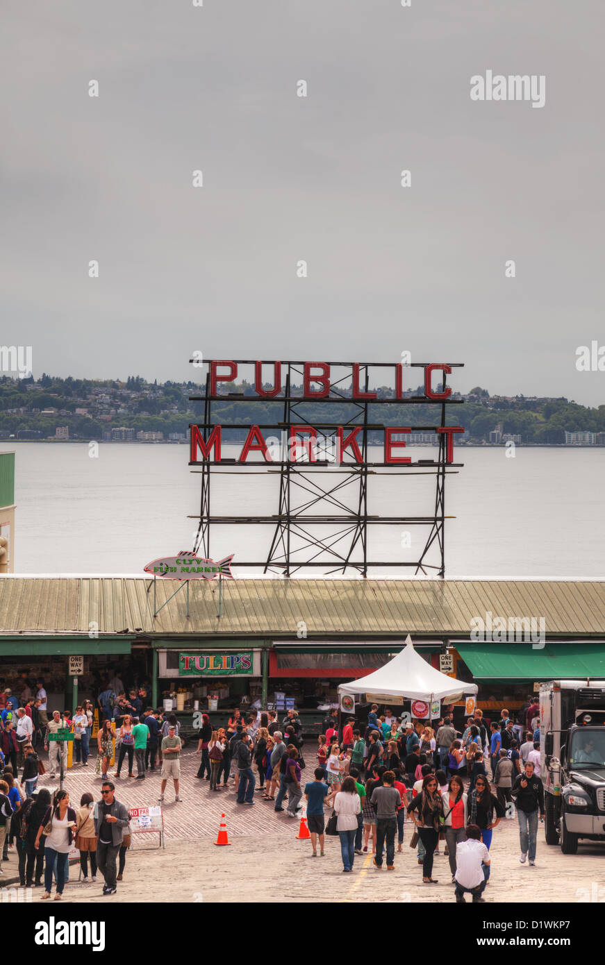 Célèbre Marché Public de Pike Place à Seattle, Washington.L'ouverture du marché le 17 août 1907. Banque D'Images