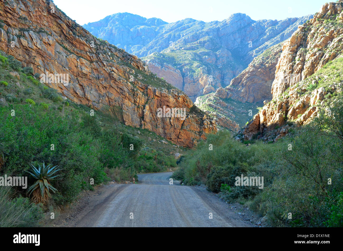 Route de terre qui mène à gorge étroite à travers monts Swartberg près de Ladismith dans le Karoo, Afrique du Sud Banque D'Images