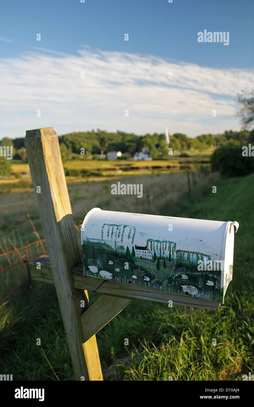 Une boîte aux lettres peintes pour refléter le paysage près d'elle, à Alna, Maine Banque D'Images