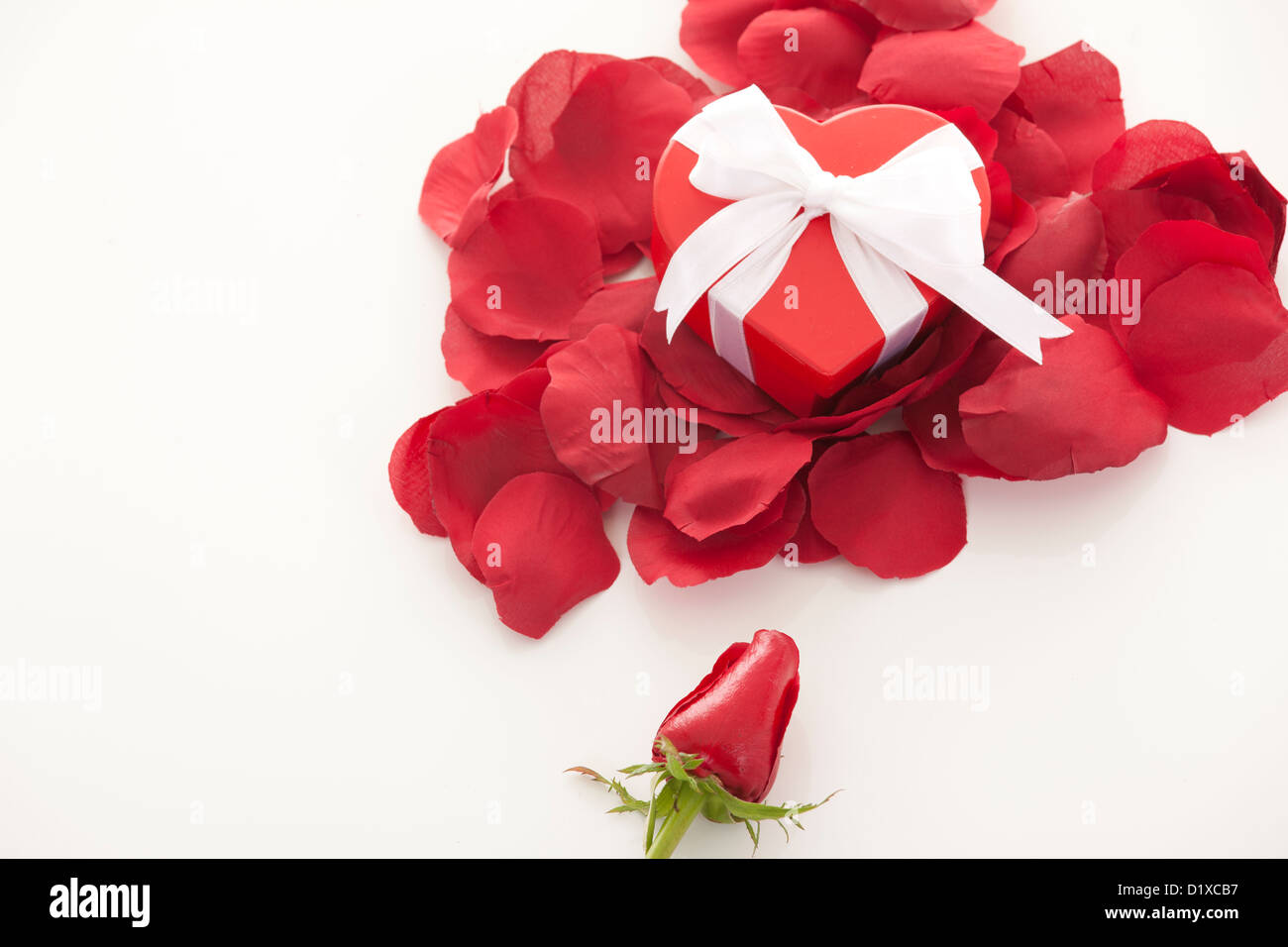 Valentines Day gift en boîte rouge avec pétale de rose isolated on white Banque D'Images