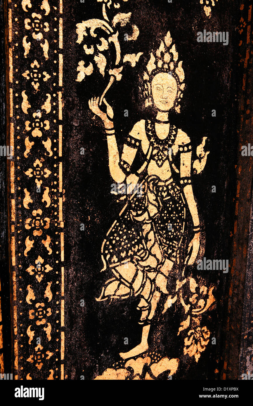 Détail de l'amende à l'artistique Wat Xieng Thong à Luang Prabang, Laos du Nord, en Asie du sud-est. Banque D'Images