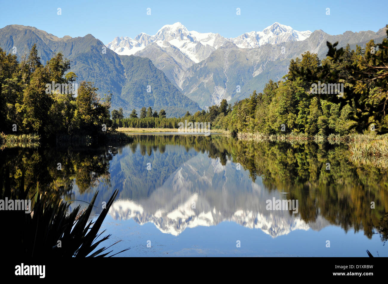 Lake Matheson - reflète une vue sur parc Aoraki/Mont Cook et le Mont Tasman, Sud de l'île de la Nouvelle-Zélande. Banque D'Images