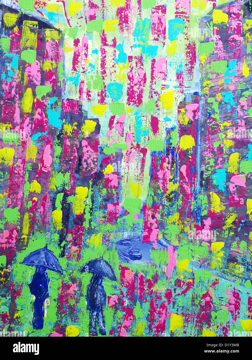 Peinture originale sur toile de fond ou d'un concept pour la peinture impressionniste de personnes avec parapluie Banque D'Images