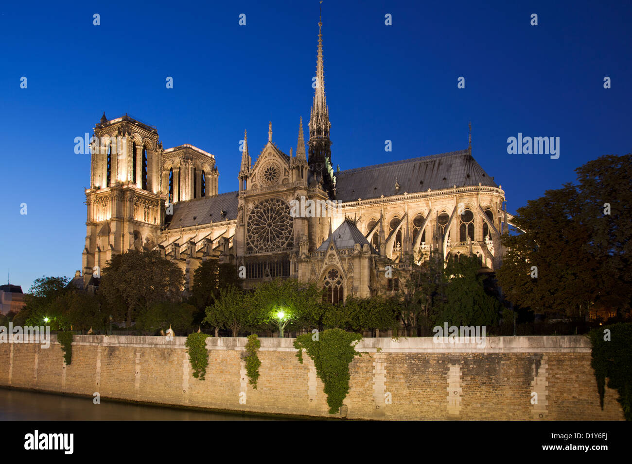 Notre Dame de Paris la nuit, la cathédrale Notre-Dame de Paris Banque D'Images