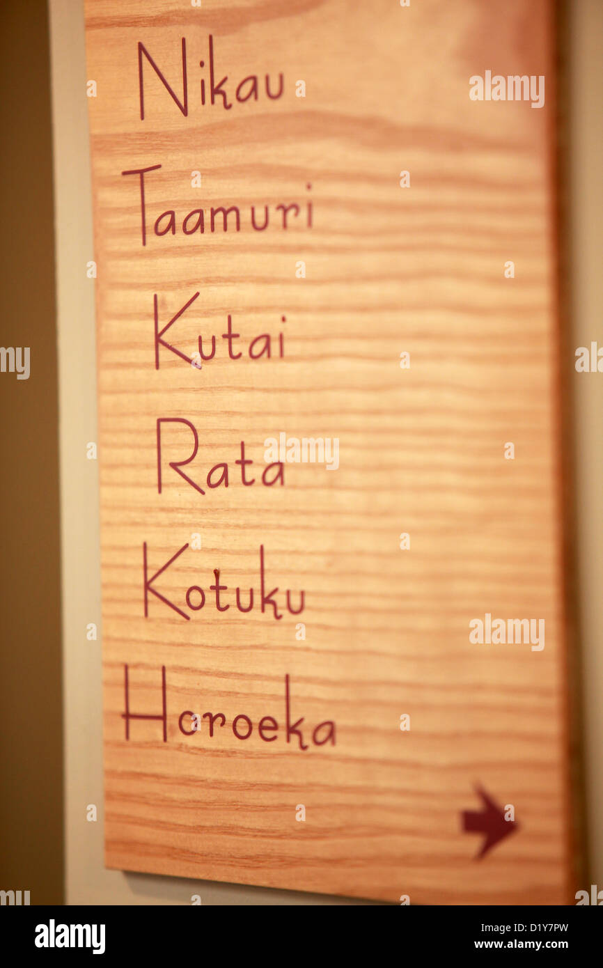 Prix signe à Raetihi Lodge, Marlborough Sounds, Nouvelle Zélande montrant des noms d'arbres indigènes Banque D'Images