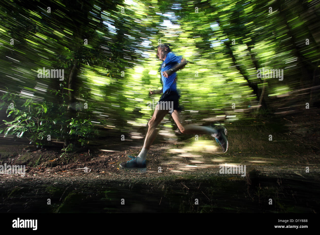 L'ancien champion du monde masters course de montagne en formation Patrick Meffan Hills près de Nelson City, New Zealand Banque D'Images