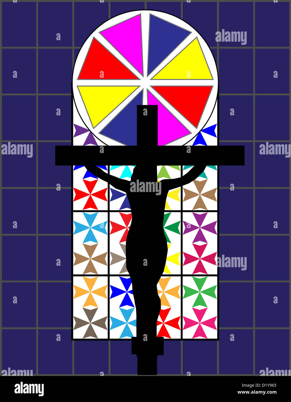 Croix de Jésus sur le mur de Cristal coloré à Temple Banque D'Images