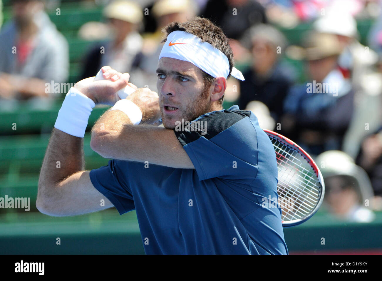 09.01.2013 Melbourne, Australie. Juan Martin Del Potro de l'Argentine en action dans son match au cours de la classique de l'AAMI Tennis Kooyong Lawn Tennis Club. Banque D'Images