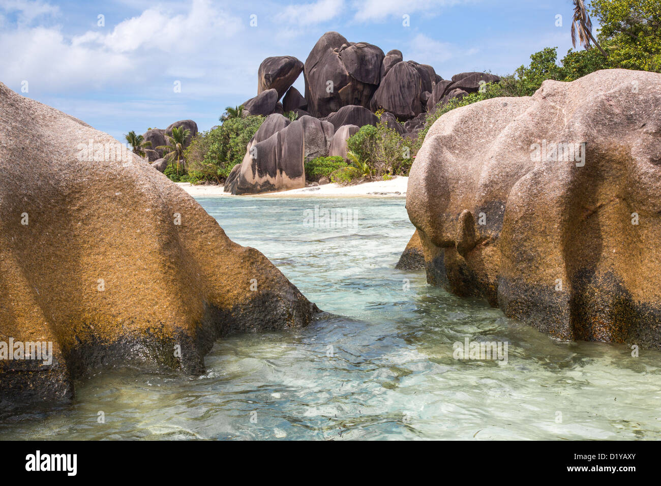 Anse de plage d'Anse Source d'argent, l'île de La Digue, Seychelles Banque D'Images